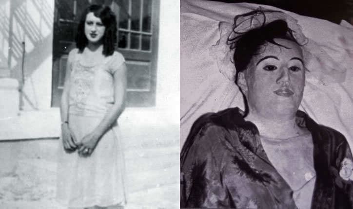 The young Elena Milagro "Helen" de Hoyos on the left side and her corpse on the right side