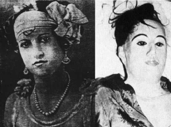 Elena Milagro "Helen" de Hoyos on the left side when she is alive, and on the right side is her corpse