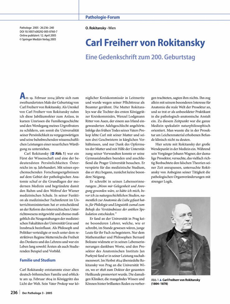 Carl von Rokitansky Carl Freiherr von Rokitansky Springer