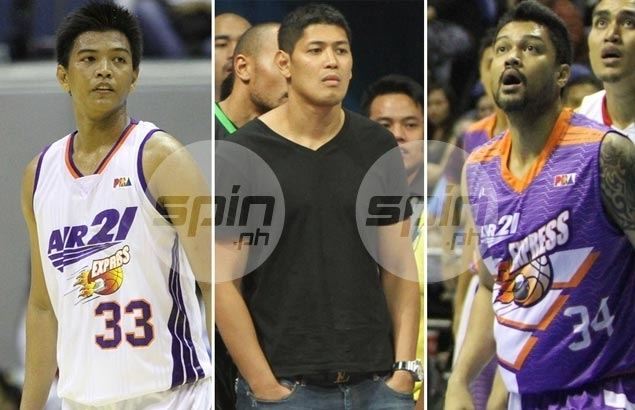 On the left, Ronnie Matias is serious, standing, hands down, looking at his left, has black hair, wearing a number 33 air 21 express white and blue PBA Jersey.
In the middle, Enrico Villanueva is serious, standing with both hands in his pocket in front of three spectators, has black hair wearing a black t-shirt and a silver watch.
At the right, Carlo Sharma is serious, standing looking up, mouth open, has black hair, mustache, beard and tattoo on his left arm, wearing a number 34 air 21 express purple with orange top and bottom PBA jersey. Behind him is a man, serious, mouth half open, has bald hair and beard, wearing a white jersey, at the back is spectators.