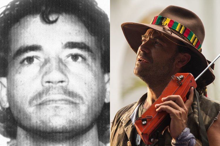 On the left side is Carlos Lehder's mug shot while on the right Carlos Lehder wearing a hat while holding a telephone