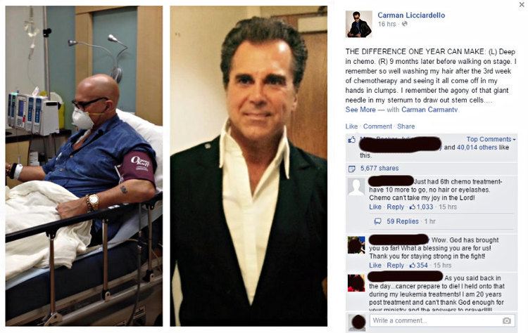 On the left, Carman during his cancer treatment, at the center, he is wearing a coat and long sleeve, while on the right, a Facebook post of him