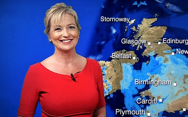 Carol Kirkwood smiling while wearing a red dress