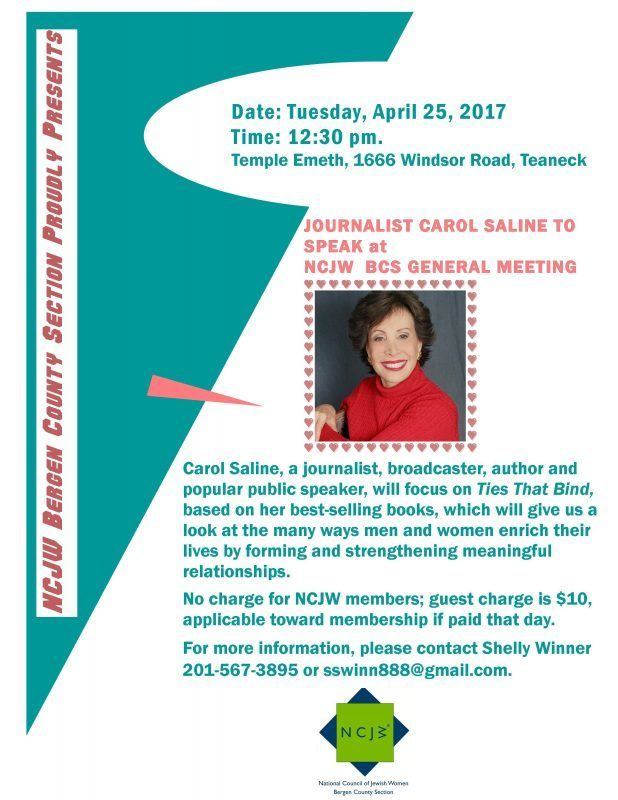 Carol Saline JOURNALIST CAROL SALINE TO SPEAK AT APRIL 25 NCJW BCS GENERAL