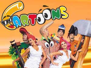 The band Cartoons posing on their album cover while wearing their costumes