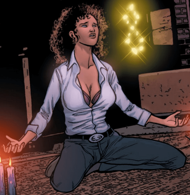 A comic strip of Cassandra Craft, In a dark room with candles and brown brinks has gold floating in a form of number eight, in the middle, Cassandra Craft is serious, sitting with her knee down, arms wide open, fist open like casting a spell, has curly brown hair, wearing a white long sleeve polo showing her cleavage and denim pants with a black belt.