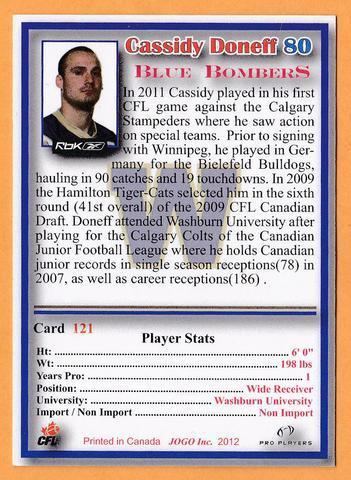 Cassidy Doneff Cassidy Doneff CFL card 2012 Jogo Pro Player 121 Winnipeg Blue