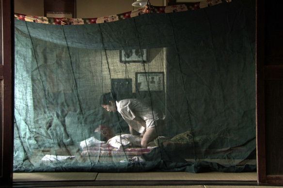 In the movie scene of Caterpillar 2010, Shinobu Terajima is on top of Keigo Kasuya with her right on the floor and left hand between her legs kneeling under a mosquito net has black hair wearing a white clothes on top, at the bottom is Keigo kasuya, lying on the bed looking at Shinobu Terajima above him, has burnt face black hair and no limbs wearing a white shirt.