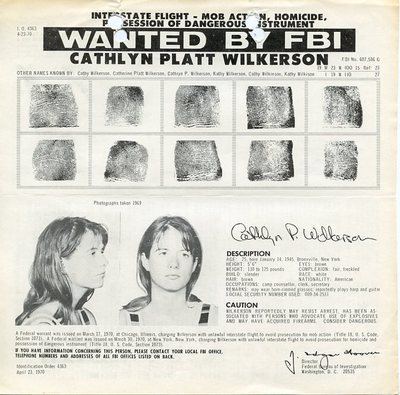 Cathlyn Platt Wilkerson FBI WANTED POSTER CATHLYN PLATT WILKERSON SDS WEATHERMAN UNDERGROUND