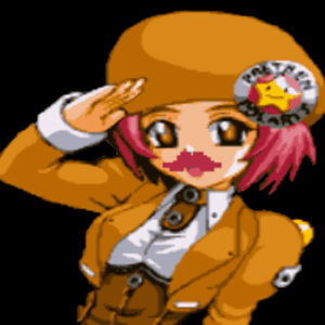 A cartoon character with pink hair while doing a salute gesture, wearing an orange hat, an orange blazer over a white shirt, and a brown skirt.