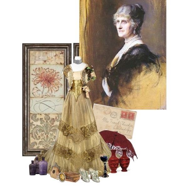 On left is a frame with different designs and, an off-white dress with gold colored design and flowers on the shoulders. On the bottom are colored bottles, a purse, jewelry with a box, white shoes, a glass of wine, two red vases, a maroon umbrella, and a letter. On the top right is Cecilia Bowes-Lyon, serious, has white hair, left-hand holding her dress, she is wearing silver earrings, necklace and a black cleavage showing dress.