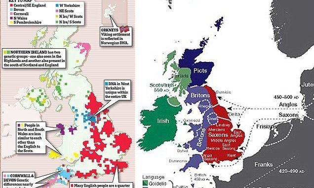 On the left, a map shows that Britain can be divided into 17 distinct genetic ‘clans’. On the right, the regions of ancient British, Irish, and Saxon control.