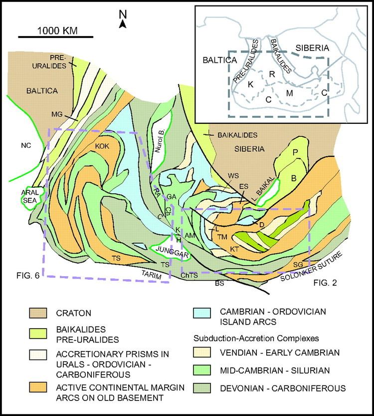 Simplified map of the Central Asian Orogenic Belt (CAOB). The map