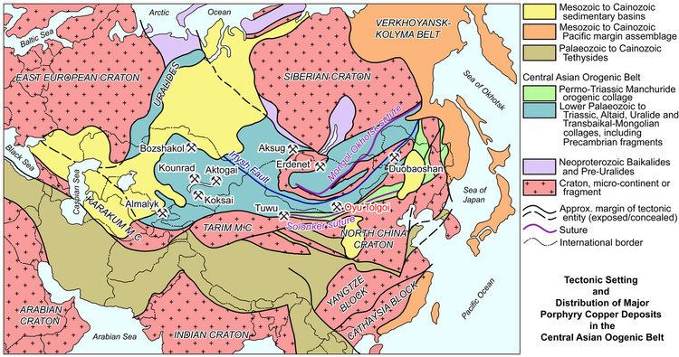 Simplified map of the Central Asian Orogenic Belt (CAOB). The map