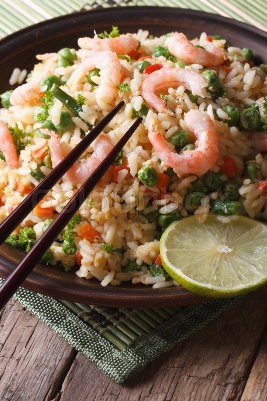 Chahan (food) Japanese chahan fried rice with shrimp and vegetables closeup