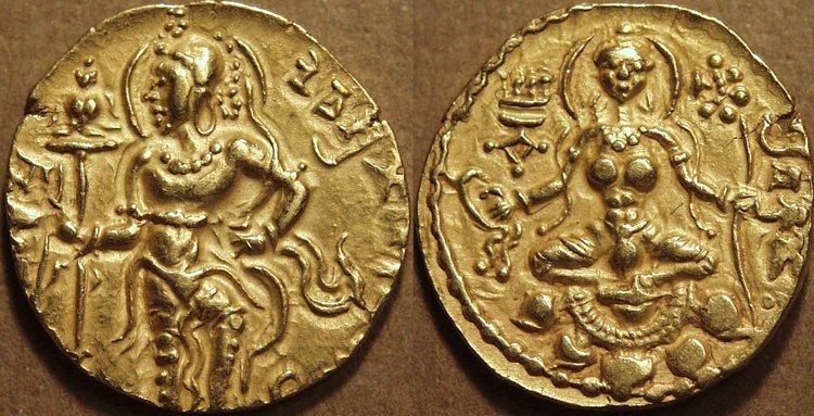 Gold coin of Chandragupta II, with a figure of an archer (left), and with a figure of the Indian goddess of good fortune, Goddess Lakshmi, seated on a lotus (right)