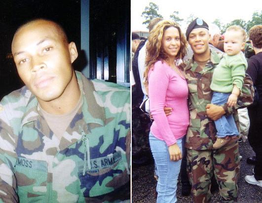 Channing Moss (left) is serious, bald, wearing a brown shirt under his army uniform with his name on the right pocket and U.S Army on left. With people at the back, 2nd from left is Lorena Moss the wife of Channing Moss, smiling, has brown curly hair, waist is being held by Channing by his right hand, and wears a pink long-sleeve shirt and denim pants. In the middle is Channing Moss smiling, his left hand holding the child, his right hand holding the waist of his wife, wears his army uniform and cap. On right is a child, who has blonde hair, is serious, is held by Channing in his left hand, and wears a green long-sleeve shirt, denim pants, and brown shoes.