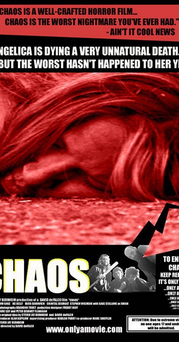 A poster of the movie "Chaos" (2005 Dominion film) starring Maya Barovich as Angelica lying on the ground