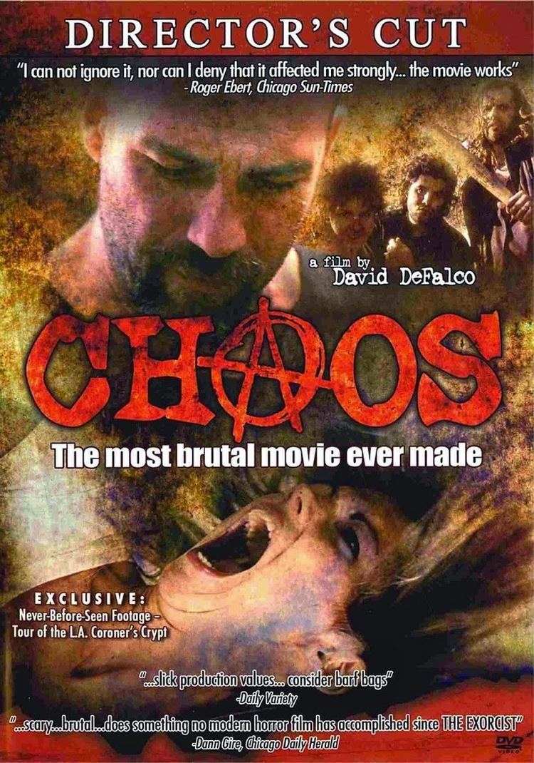 A poster of the movie "Chaos" (2005 Dominion film) starring Kevin Cage, Sage Stallon, Stephen Wozniak and Maya Barovich