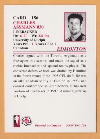 Charles Assmann Charles Assmann CFL card 1998 Jogo 156 Edmonton Eskimos Guelph