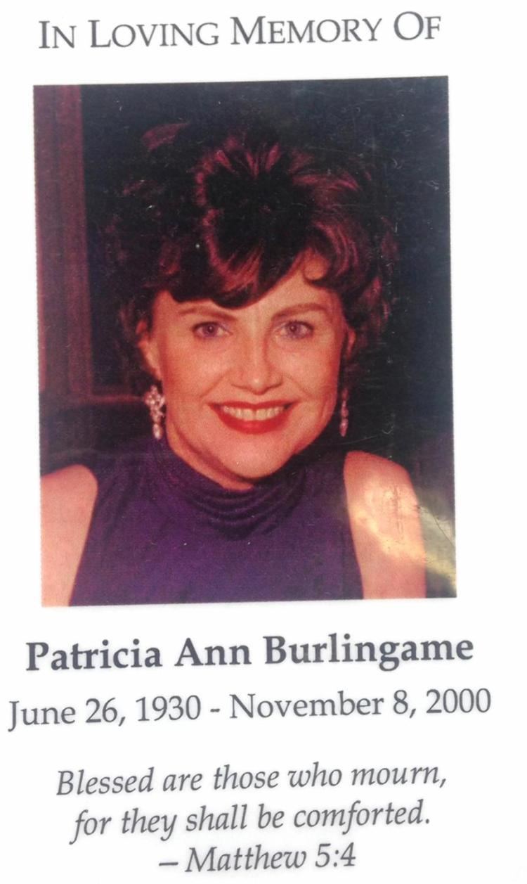 A poster of Patricia Burlingame, the mother of Charles Burlingame in memory of her death