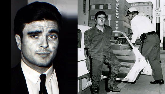 On left, Charles Schmid smiling weirdly and wearing a black suit over a white attire and necktie. On right, Charles Schmid coming out of a police car.