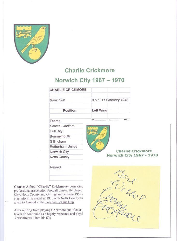 Charlie Crickmore CHARLIE CRICKMORE NORWICH CITY 19671970 ORIGINAL HAND SIGNED