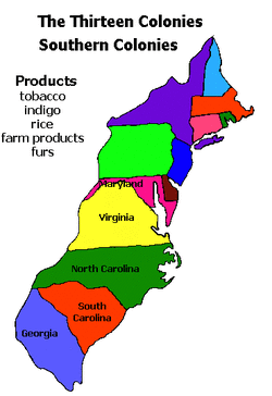 Map of the Thirteen Colonies of North America- Southern colonies