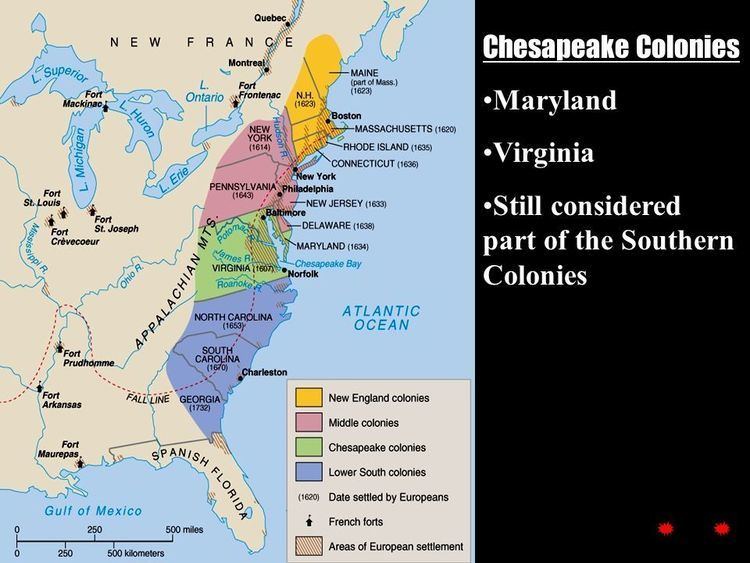 Map of early settlement on the eastern coast of the U.S and the Chesapeake Colonies