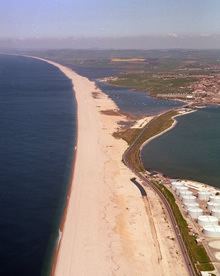 Aerial image of Chesil Beach Chesil Bank, 29 km long shingle beach, a  tombolo connecting mainland to the Isle of Portland, Jurassic Coast, UNESCO  Worl - SuperStock