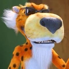 A Chester Cheetah stuffed toy with orange fur and wearing sunglasses.