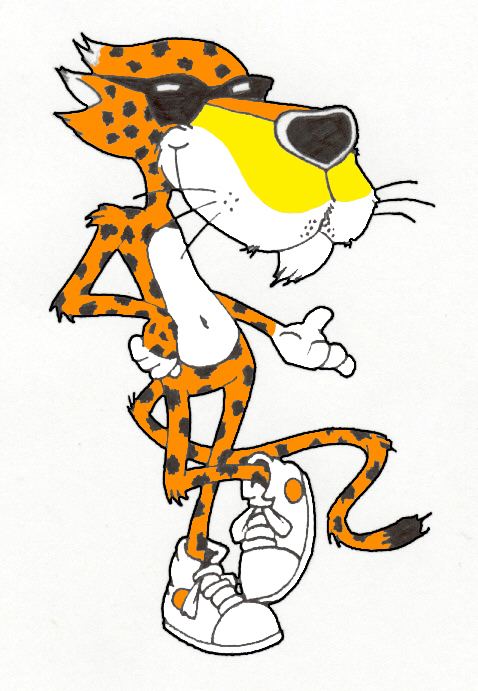 Chester Cheetah with a yellow mustache, wearing sunglasses, and white shoes.