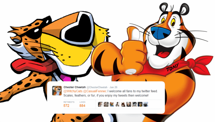 Chester Cheetah with a yellow mustache and wearing sunglasses while Tony the Tiger doing thumbs-up, with a blue nose and wearing a red scarf.