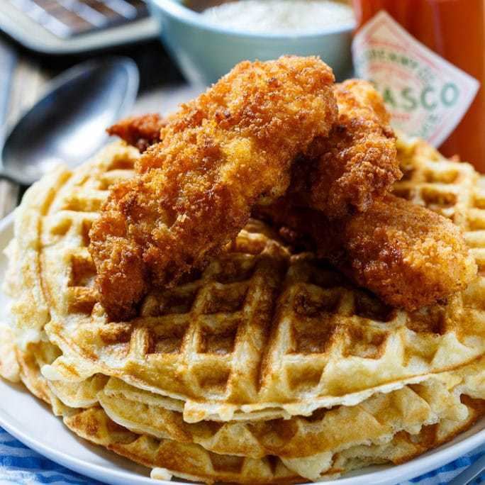 Chicken and waffles Chicken and Waffles with TABASCO Maple Syrup Spicy Southern Kitchen