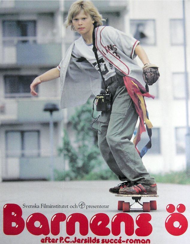 A poster of "Children's Island", a 1980 Swedish drama film, featuring Tomas Fryk as Reine Larsson riding a skateboard.