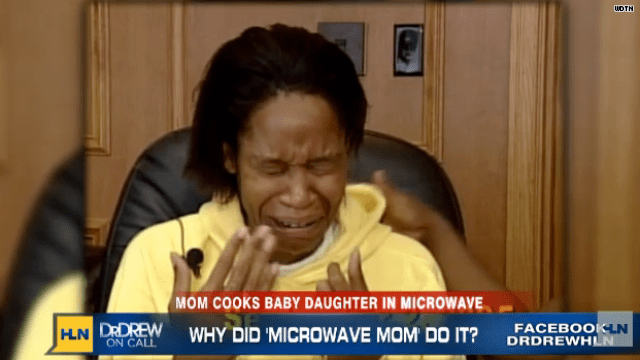 China P. Arnold on the news while crying, with the headline "Mom cooks baby daughter in microwave, Why did microwave mom do it?" and she is wearing a yellow jacket