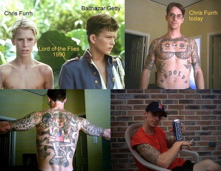 On the upper left, Chris Furrh is with Balthazar Getty, in the lower left and upper right, Chris Furrh flexing his tattoos, and on the lower right he sitting on the chair