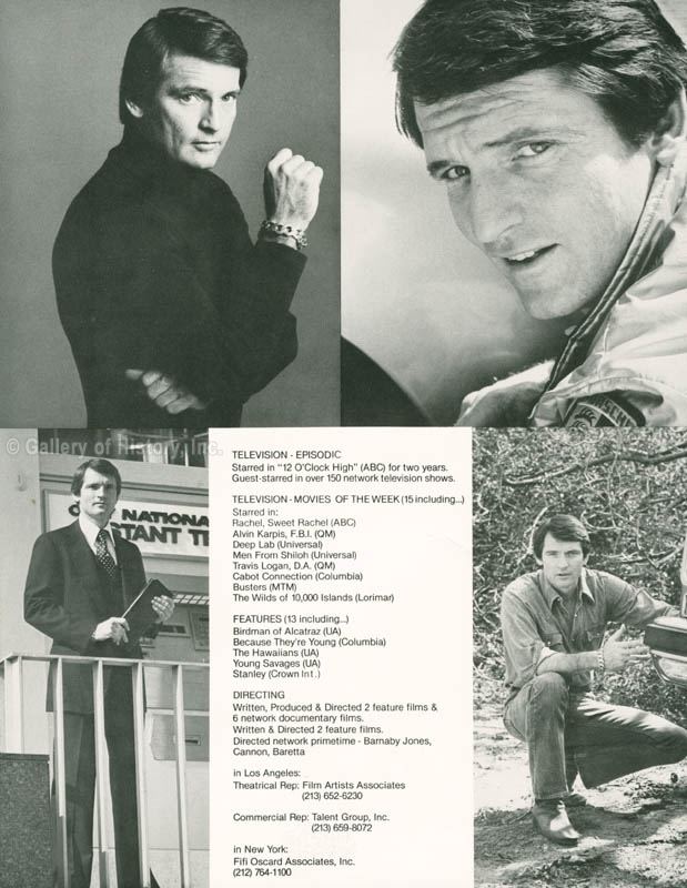Chris Robinson top left is serious, has black hair, the right hand is up, wears a bracelet on his right hand, and a black turtle neck sweater. On the top right is Chris Robinson smiling, has black hair, wearing a black jacket. In the middle is information “Television- Episodic Starred in “12 O’Clock High“ (ABC) for two years. Guest-starred in over 150 network television shows. Television – Movies Of The Week (15 including…) Starred in: Rachel, Sweet, Rachel (ABC) Alvin Karpis F.B.I (QM) Cabot Connection (Columbia) Busters (MTM) The Wilds of 10,000 Islands (Lorimar). Features (13 including…) Birdman of Alcatraz (UA) Because They’re Young (Columbia) The Hawaiians (UA) Young Savages (UA) Stanley (Crown Int. l). Directing Written, Produced & Directed 2 feature films & 6 network documentary films. Written & Directed 2 feature films, Directed network primetime – Bamby Jones, Cannon, Baretta in Los Angeles: Theatrical Rep: Film Artists Associates (213) 652 8072) Commercial Rep: Talent Group, INC. (213) 659 8072) In New York: Fifi Oscard Associates, Inc. (212) 764 1100).  On the bottom left is a man standing, serious has black hair, both hands holding a book, wears white long sleeves and a black necktie under a black suit, and black pants. On the bottom right is also a man, sitting down, serious, has black hair, wears gray long sleeves, black pants and shoes.