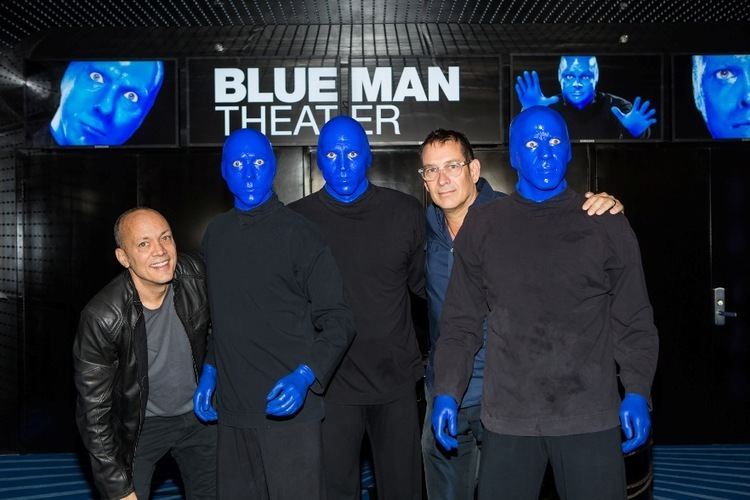 Chris Wink Blue Man Group poses with founders Chris Wink and Phil Stanton after