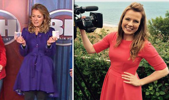 On the left is Christina Trevanion holding something in both hands, having blonde hair, and wearing a purple coat and black stockings while on the right is Christina smiling with her left hand on her waist, holding a camera with plants and sea in the background, wearing a pink dress