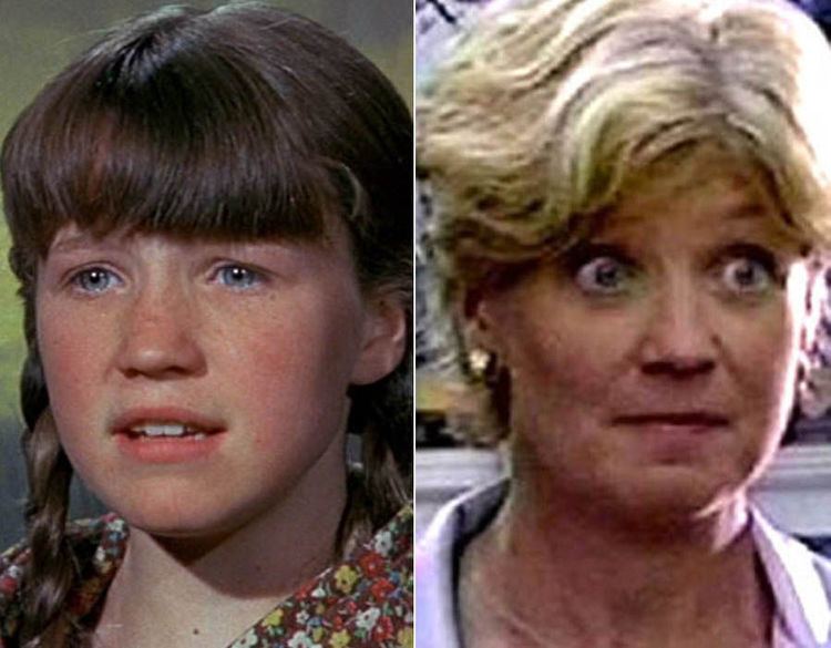 On the left, Young Cindy O'Callaghan with braided hair wearing floral blouse while, on the right, Cindy O'Callaghan with a short wavy hair