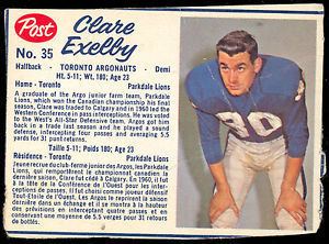 Clare Exelby 1962 POST CFL FOOTBALL 35 CLARE EXELBY VGEX TORONTO ARGONAUTS