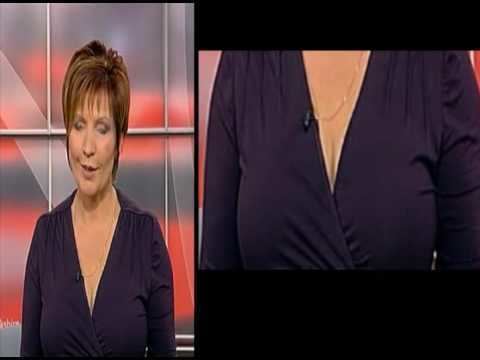 Clare Frisby broadcasting on the left, and cleavage of Clare Frisby on the right