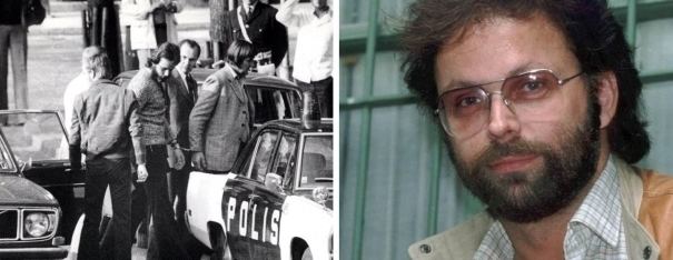 On the left is the scene when Clark Olofsson is arrested by the police. On the right is Clark Olofsson with a tight-lipped smile