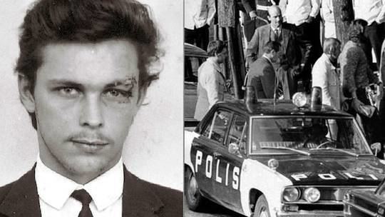 On the left is Clark Olofsson, injured in his right eyebrow while on the right is the scene when he was getting arrested by the police