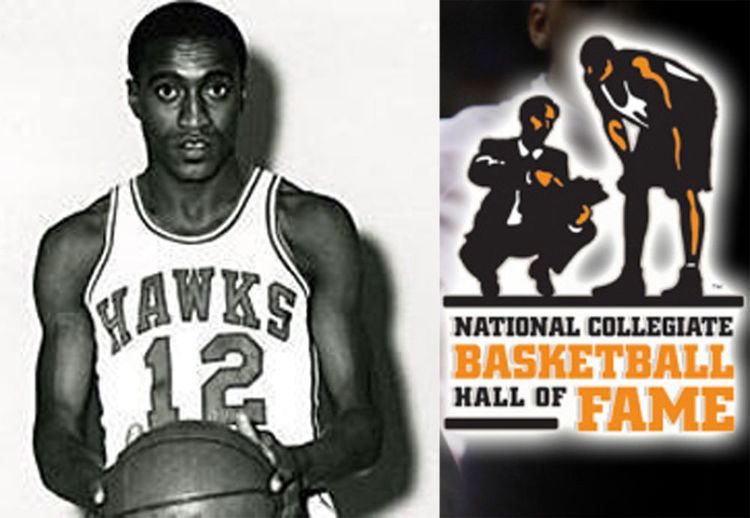 On the left, Cleo Hill holding the ball while wearing a jersey, and on the right is the National Collegiate Basketball Hall of Fame