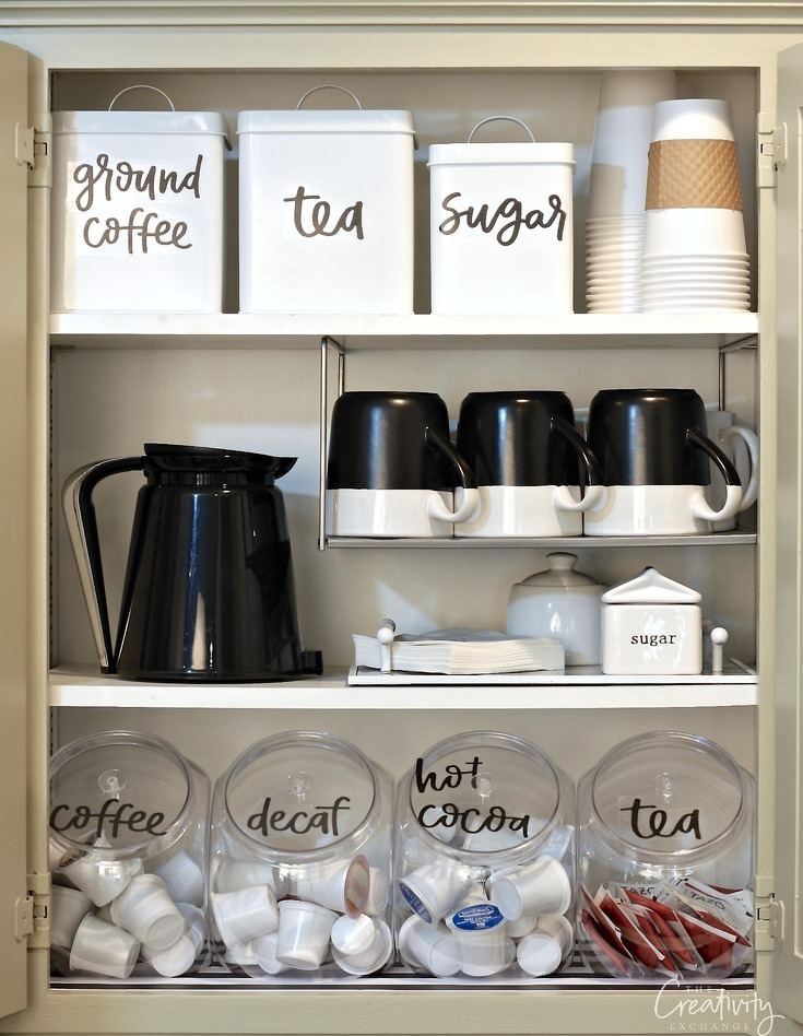 Coffee cabinet Organized Coffee Cabinet with Printable Labels