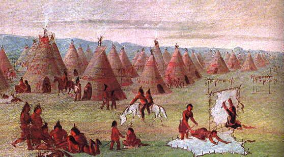 Comanche Village Women Dressing Robes And Drying Meat By George Catlin