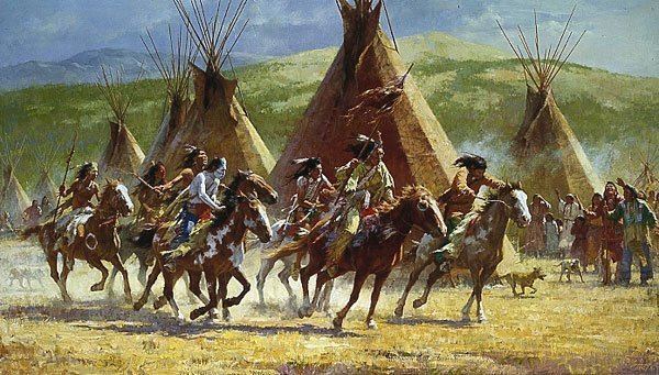 The Comanche tribe riding on the horse while holding a spear