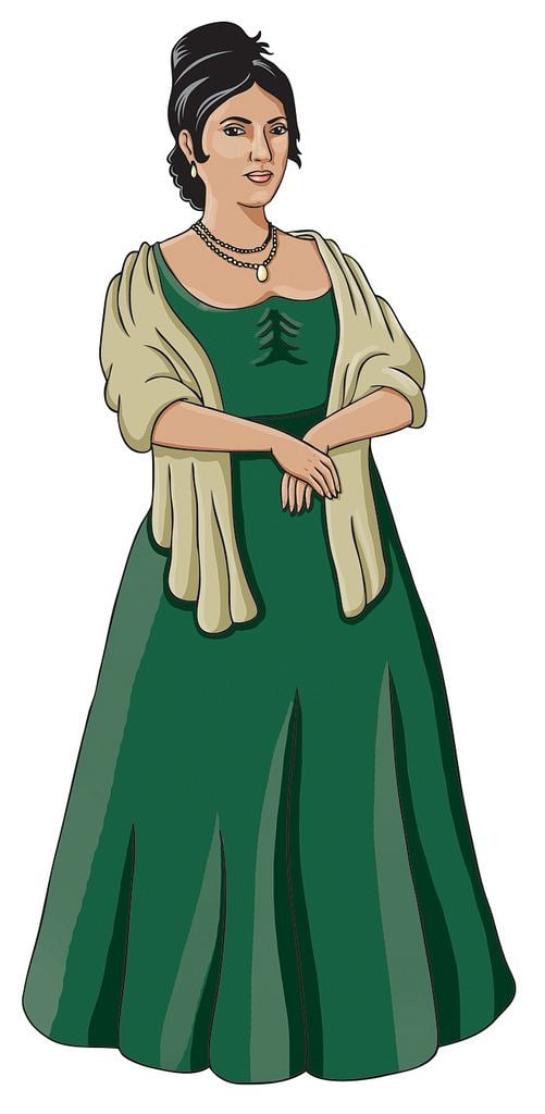 A drawn image of Concepcion Marino is standing, has black hair tied up wearing gold teardrop earrings gold necklace and a green long dress with pale brown cloth.